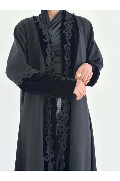 AYA mw1838 عباية مخمل اسود مع كتان واضافة كلفة
