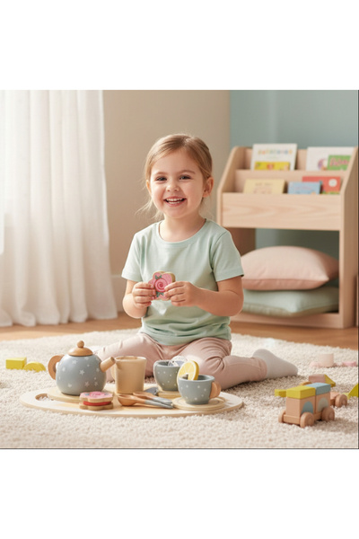 zola Wooden tea set for children with accessories, Montessori, 13 pieces, 7 x 29 x 17 cm, gray