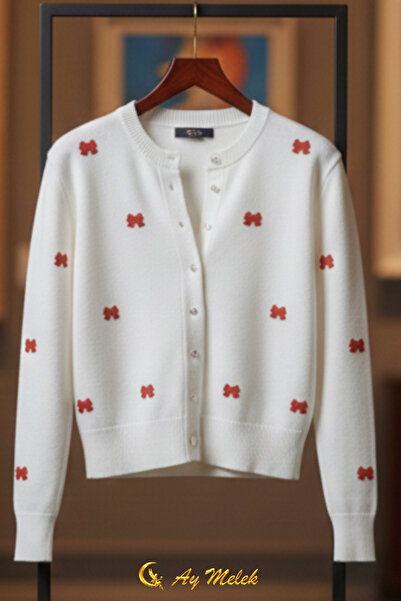 AYMELEK Women's Knitwear Cardigan Buttoned Crew Neck Short Bow Detail Cardigan