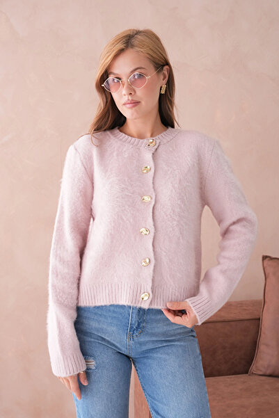 Park Karon Women's Crew Neck Button Detailed Soft Textured Fleece-Lined Knitwear Jacket