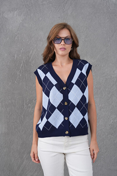 Park Karon Pulover de damă cu decolteu în V și închidere cu nasturi, cu model