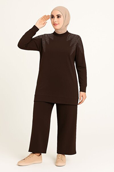 Sfg Life Moda Women's Brown Hijab Clothing Elegant Stone Detailed Tunic & Pants Two-Piece Set