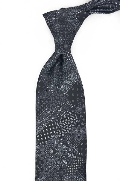 Kravatkolik Black Patchwork Pattern Printed Pocket Classic Tie Kk13350