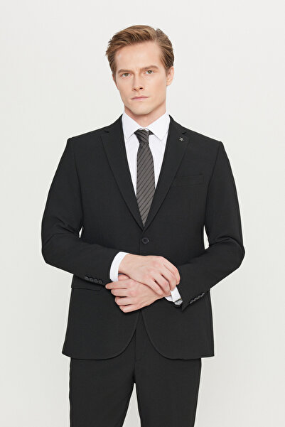 ALTINYILDIZ CLASSICS Slim Fit Slim Fit Mono Collar Seersucker Pattern Stretchy Black Suit