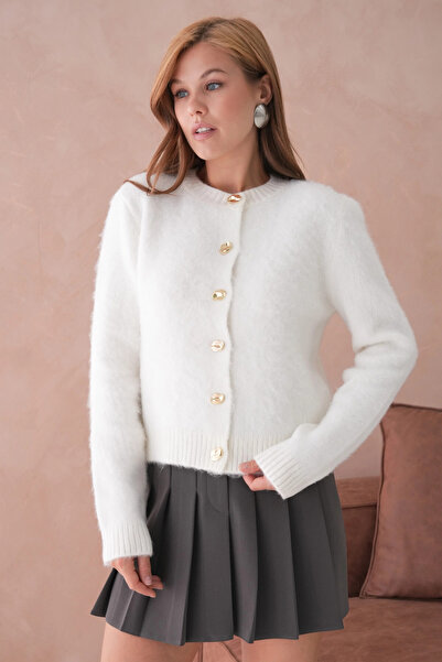 Park Karon Women's Crew Neck Button Detailed Soft Textured Fleece-Lined Knitwear Jacket