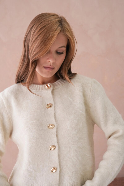 Park Karon Women's Crew Neck Button Detailed Soft Textured Fleece-Lined Knitwear Jacket