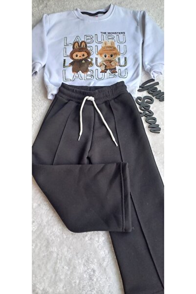 JELİBOOM Girl's Labubu Printed Fleece-Lined Black and White Two-Piece Suit