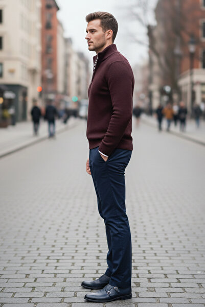 NAZEF Slim Fit Zippered High Neck Corded Fabric Cotton Burgundy Sweater