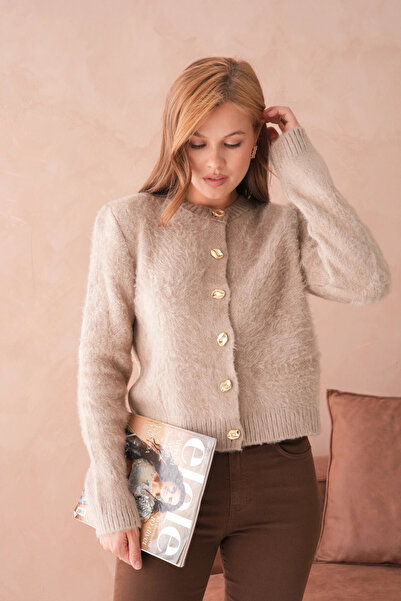 Park Karon Women's Crew Neck Button Detailed Soft Textured Fleece-Lined Knitwear Jacket