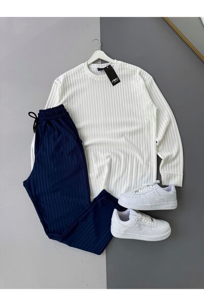 Combineman35 Men's Vertical Striped Stretch Fabric Ottoman White Sweatshirt Navy Blue Trousers 2-Piece Set