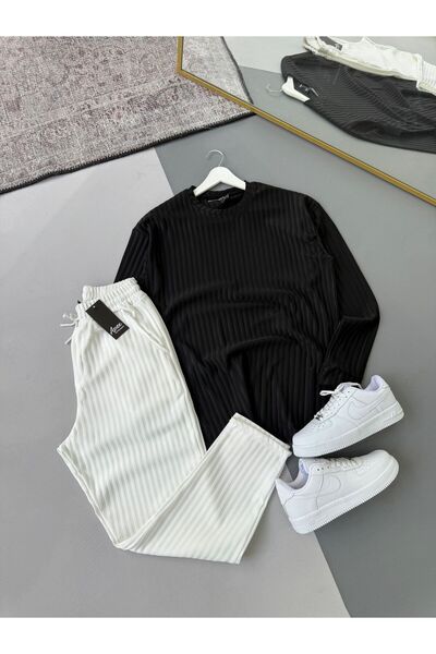 Combineman35 Men's Vertical Striped Stretch Fabric Ottoman Black Sweatshirt White Trousers 2-Piece Set