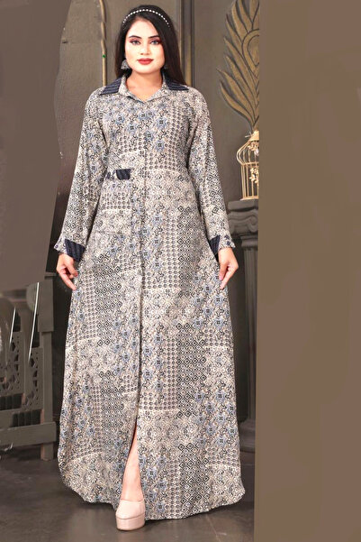 Zainah Stylish Geometric Print Jallabiya Maxi Dress | Contrasting Shirt Collar Long Sleeve with Pocket