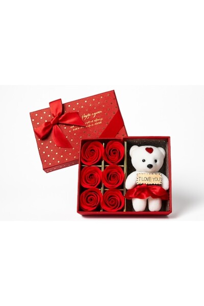 Fabrilux Gift Set: Teddy Bear with 6 Scented Soap Roses, Red, Elegant Box 19x...