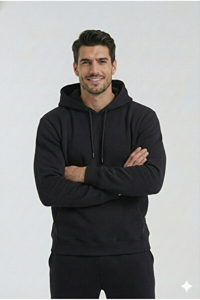 OXVİN Black Kangaroo Pocket Hoodie (Cotton Inside) Sweatshirt