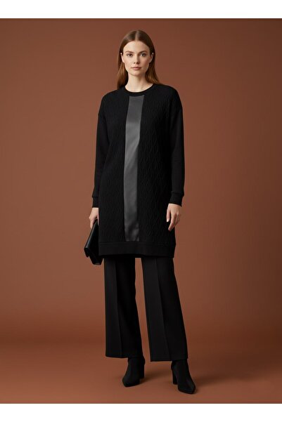 Puane Women's Self-Patterned Leather-Detail Tricot High-Level Clothing Tunic