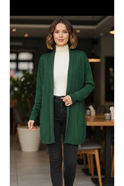 güncüoğlu Long Sleeve Cardigan with Belt, Front Patterned, Length 85cm, Knitwear Cardigan