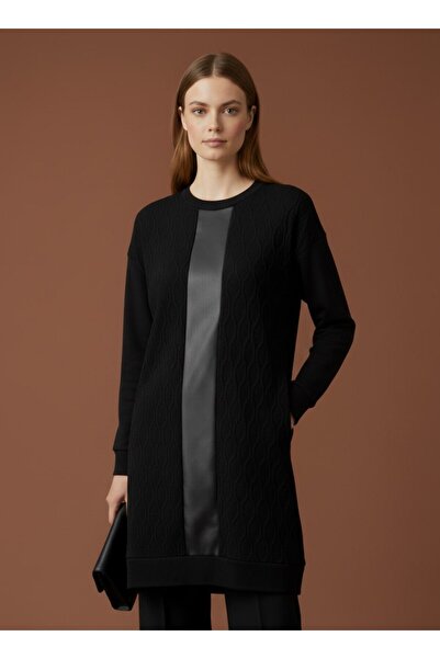 Puane Women's Self-Patterned Leather-Detail Tricot High-Level Clothing Tunic