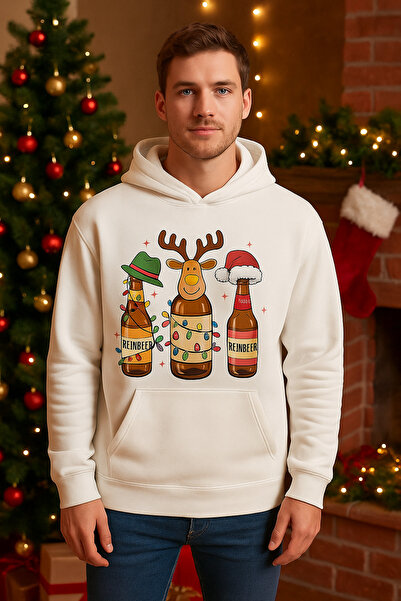 ocke Men's White Christmas Reinbeer Printed Hooded New Year's Hoodie Sweatshirt