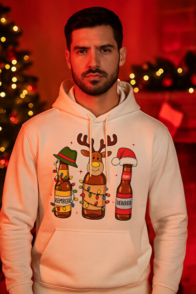 ocke Men's White Christmas Reinbeer Printed Hooded New Year's Hoodie Sweatshirt