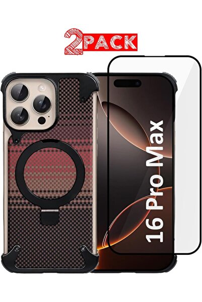 Margoun MG-iPhone 16 Pro Max Metal Case with360°Rotating Kickstand,Carbon Fiber Texture(Orange Case+1Glass)