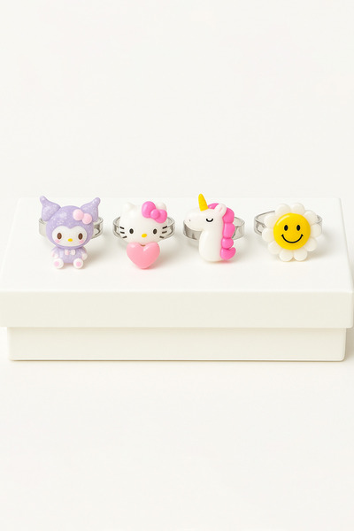 MakeWell 4 Adet Kuromi Hello Kity Unicorn Papatya Tasarımlı Çocuk Yüzük Seti