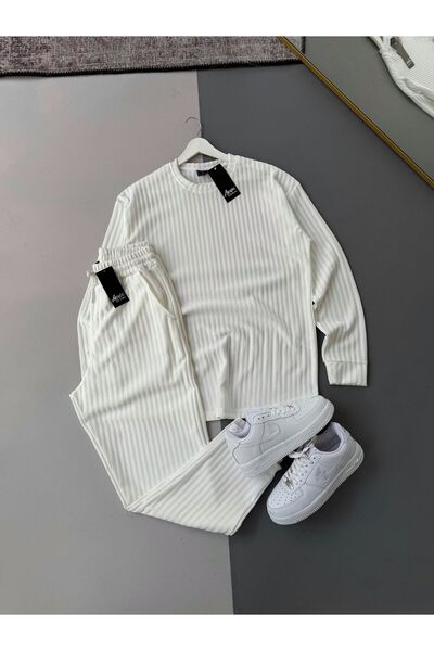 Combineman35 Men's Vertical Striped Stretch Fabric Ottoman White Sweatshirt White Trousers 2-Piece Set