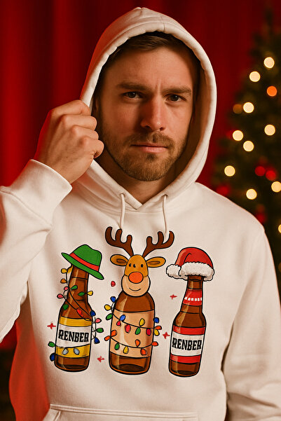 ocke Men's White Christmas Reinbeer Printed Hooded New Year's Hoodie Sweatshirt