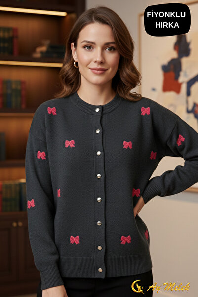 AYMELEK Women's Knitwear Cardigan Buttoned Crew Neck Short Bow Detail Cardigan