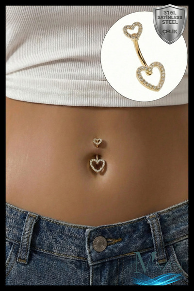 MAZEN 316L Cerrahi Çelik Zirkon Taşlı Çift Kalp Figürlü Göbek Piercingi