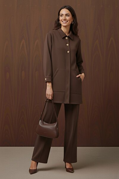 Puane Women's Gold Button Detail Tunic Pants Top Quality Set