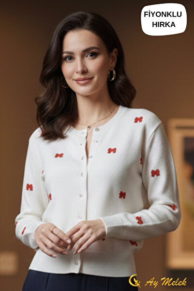 AYMELEK Women's Knitwear Cardigan Buttoned Crew Neck Short Bow Detail Cardigan