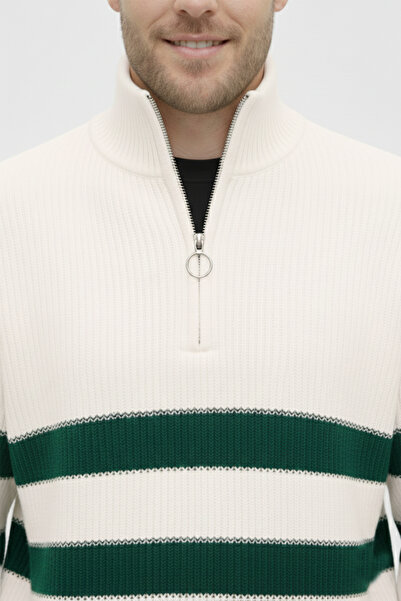 DeepSEA Pulover alb pentru bărbați cu jumătate de fermoar supradimensionat croială Pulover din bumbac tricotat moale Pulover cu dungi 2608513