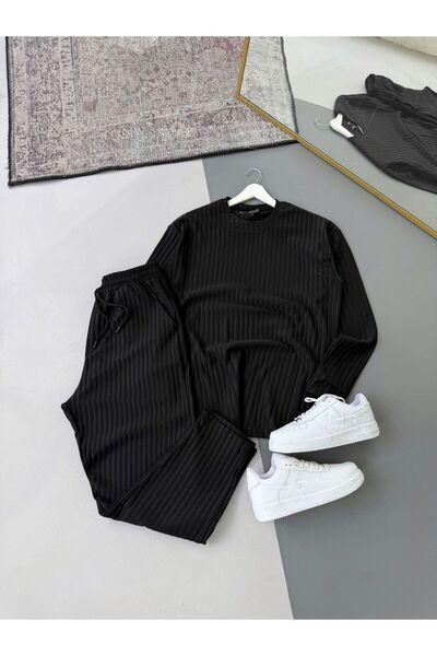 Combineman35 Men's Vertical Striped Stretch Fabric Ottoman Black Sweatshirt Black Trousers 2-Piece Set