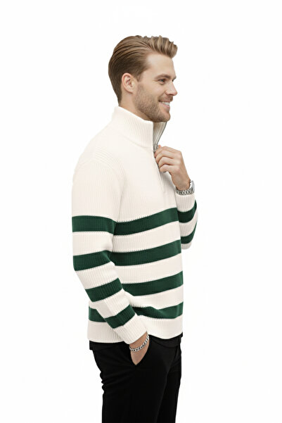 DeepSEA Pulover alb pentru bărbați cu jumătate de fermoar supradimensionat croială Pulover din bumbac tricotat moale Pulover cu dungi 2608513