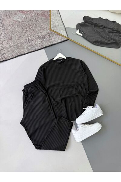 Combineman35 Men's Vertical Striped Stretch Fabric Ottoman Black Sweatshirt Black Trousers 2-Piece Set