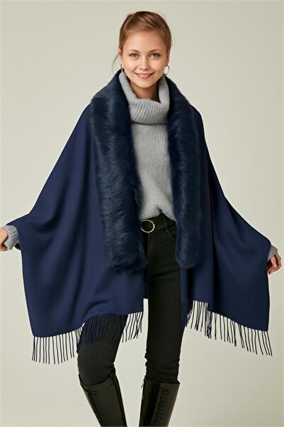 Neşeli Butik Women Fur Collar Tassels Shawl Poncho Nbaks039