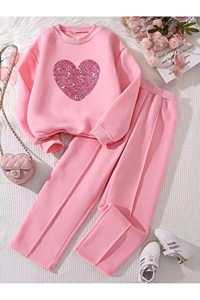 buendiakids Kız Çocuk Pembe Parlak Kalpli Baskılı 3 İplik Bisiklet Yaka Pembe...