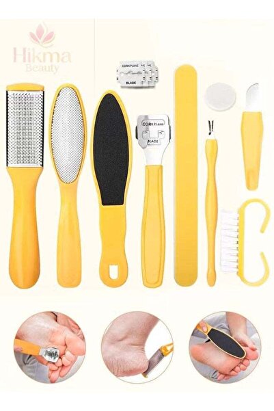 Hikma Beauty مجموعة احترافية للعناية بالقدمين، مكونة من 10 قطع، مزيل مسامير القدم والباديكير (أصفر)