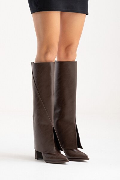 LuviShoes Aja Brown Skin Women's Thick Heeled Boots Can Be Used as Boots