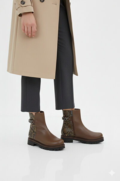 Mammamia Γυναικείες μπότες με λεοπάρ σχέδιο από γνήσιο δέρμα ορθοπεδικό με φερμουάρ, επίπεδη χοντρή σόλα καθημερινά M26/KB4240