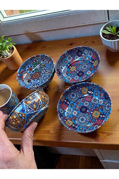 RENK YAPI RÜYASI 4 Pcs Ethnic Patterned Metal Bowl Snack Bowl Diameter 10cm Height 3cm Gift Bowl