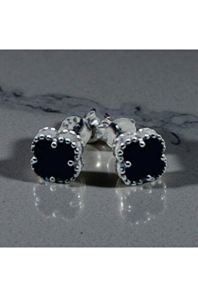 ZEY 925 Ayar Gümüş Siyah Taşlı Yonca Şans Hediyelik Küpe