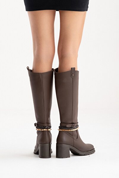 LuviShoes Viorra Brown Leather Strap Women's Thick Heeled Boots