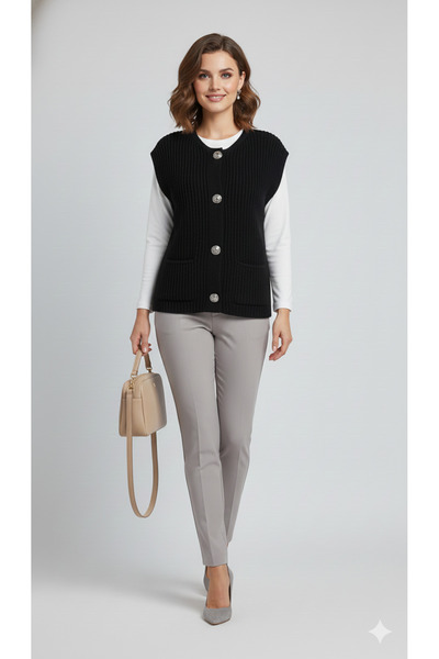 H&A İSTANBUL Knitted Sweater Vest |   Stylish and Warm Women's Knit Vest with Buttons and Pocket Detail
