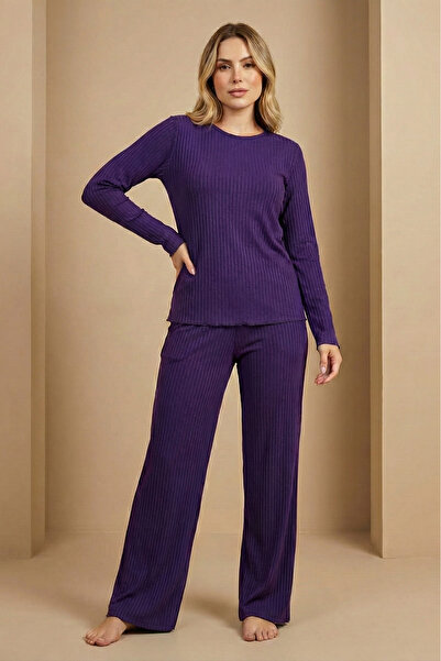 Farya Home Σετ πιτζάμες πλέξη ριμπ με μακριά μανίκια, φαρδιά πόδια, μαλακές ρίγες πλεκτές