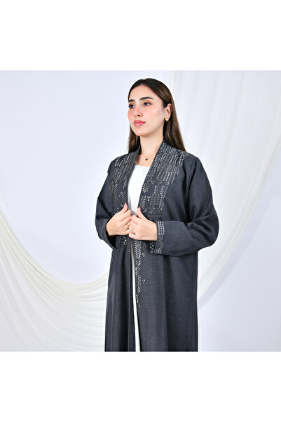 HAWRAA ABAYA Elegant abaya with a quarter-circle cut, offering a sophisticated flow with prominent embroidery on the front and sleeves | Dark gray