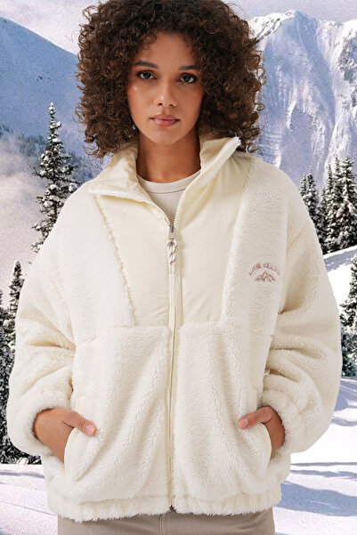 Modamorfo 5194 Women's Plush Coat Jacket - Ecru