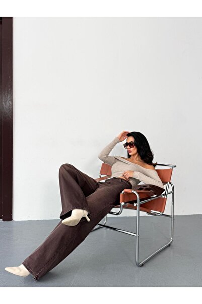 Zeo Basic Women's Brown Grinding Baggy Jean High Waist Wide Leg Jeans