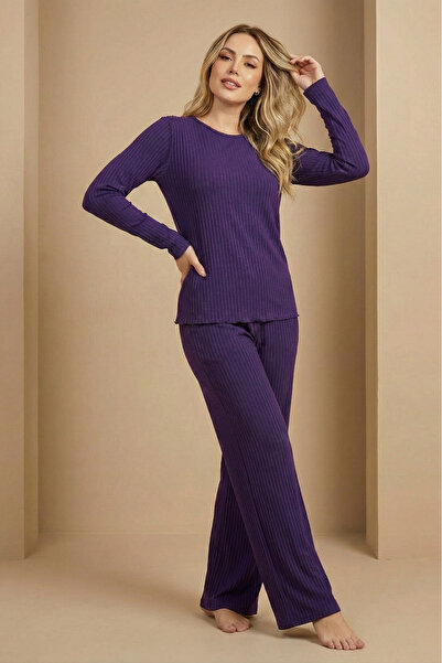Farya Home Σετ πιτζάμες πλέξη ριμπ με μακριά μανίκια, φαρδιά πόδια, μαλακές ρίγες πλεκτές