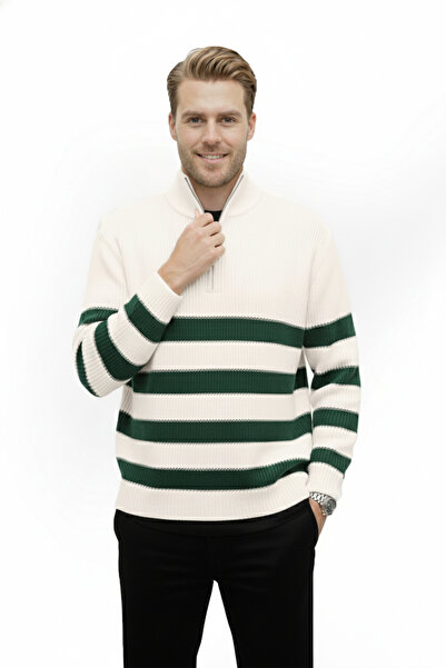 DeepSEA Pulover alb pentru bărbați cu jumătate de fermoar supradimensionat croială Pulover din bumbac tricotat moale Pulover cu dungi 2608513